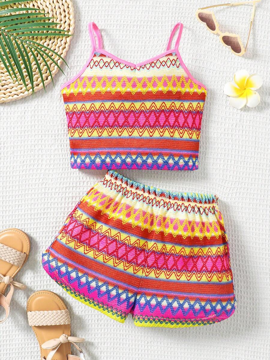 SHEIN Tween Girl Jacquard Knit Top & Loose Shorts 2 Pieces Vacation Set
