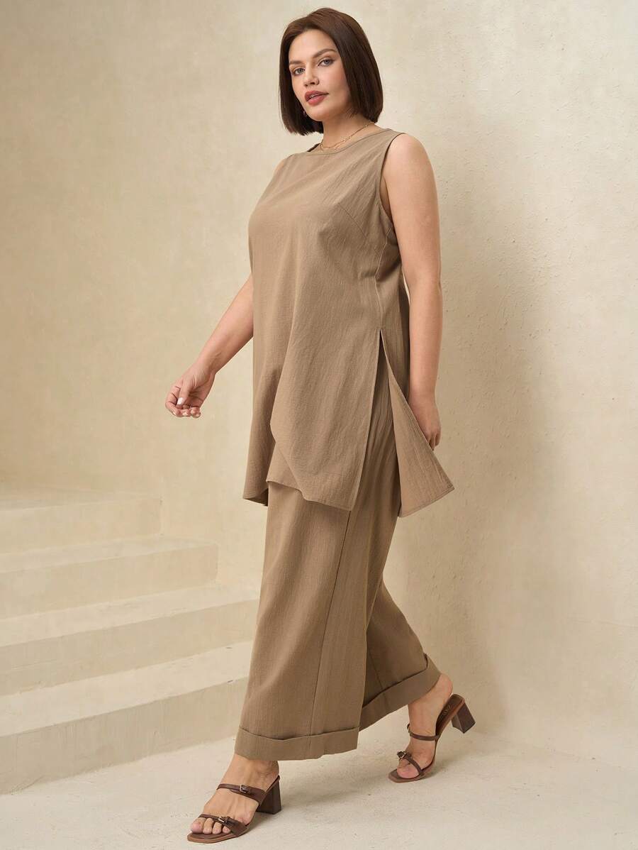 SHEIN Clasi Plus Size Solid Round Neck Sleeveless Split Hem Longline Tank Top And Wide Leg Pants 2pcs Set