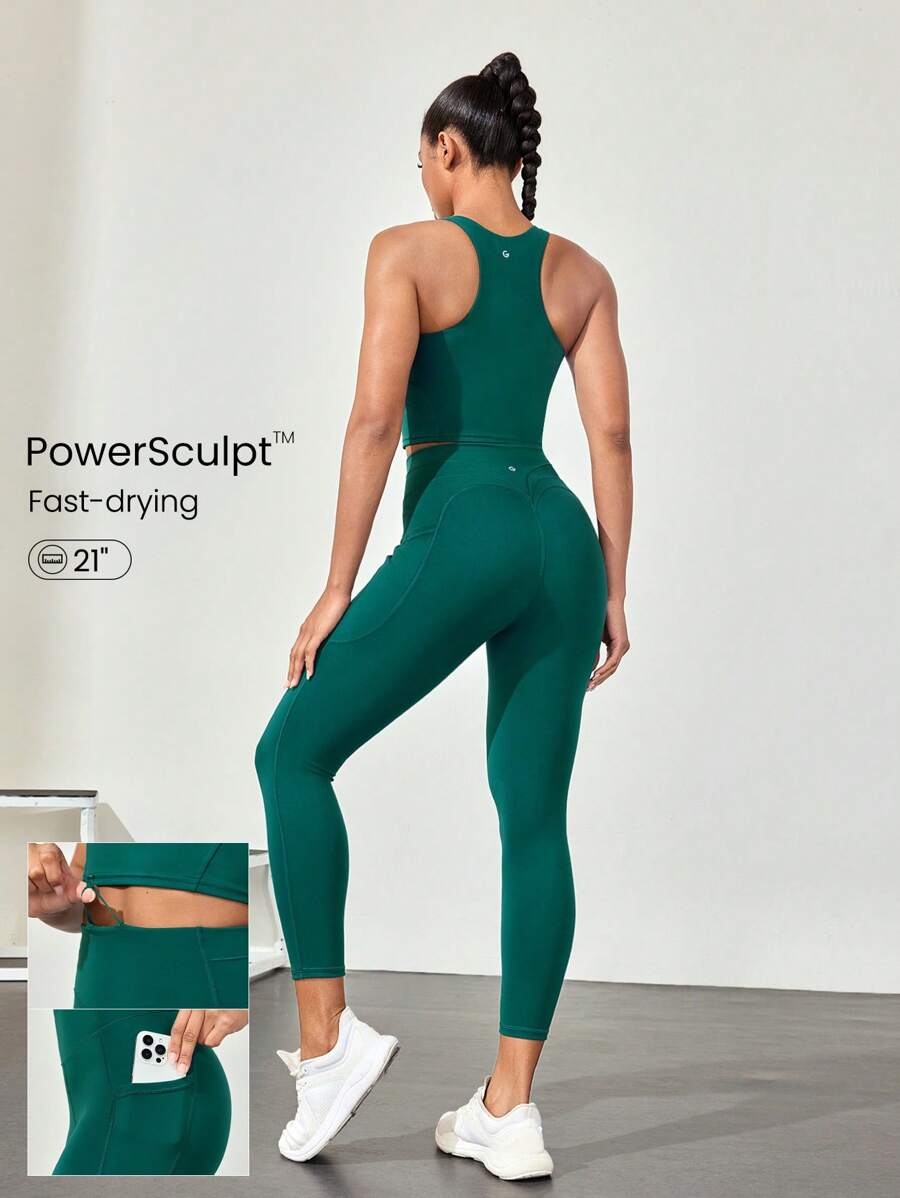 GLOWMODE 21" Powersculpt™ Goal Getter Adjustable Drawstring Waist Butt Scrunch Leggings With Side Pockets High Impact Workout Running Training Gym