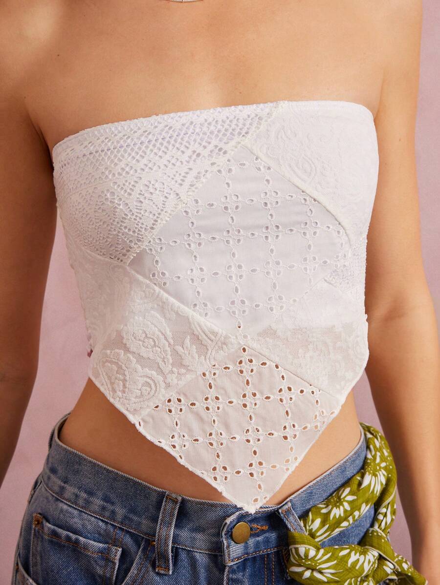 WESTFADE Western Mixed Media Lace Faux Crochet & Eyelet Patchwork Fitted Bandeau Hankerchief Tube Top Spring Break Music Festival
