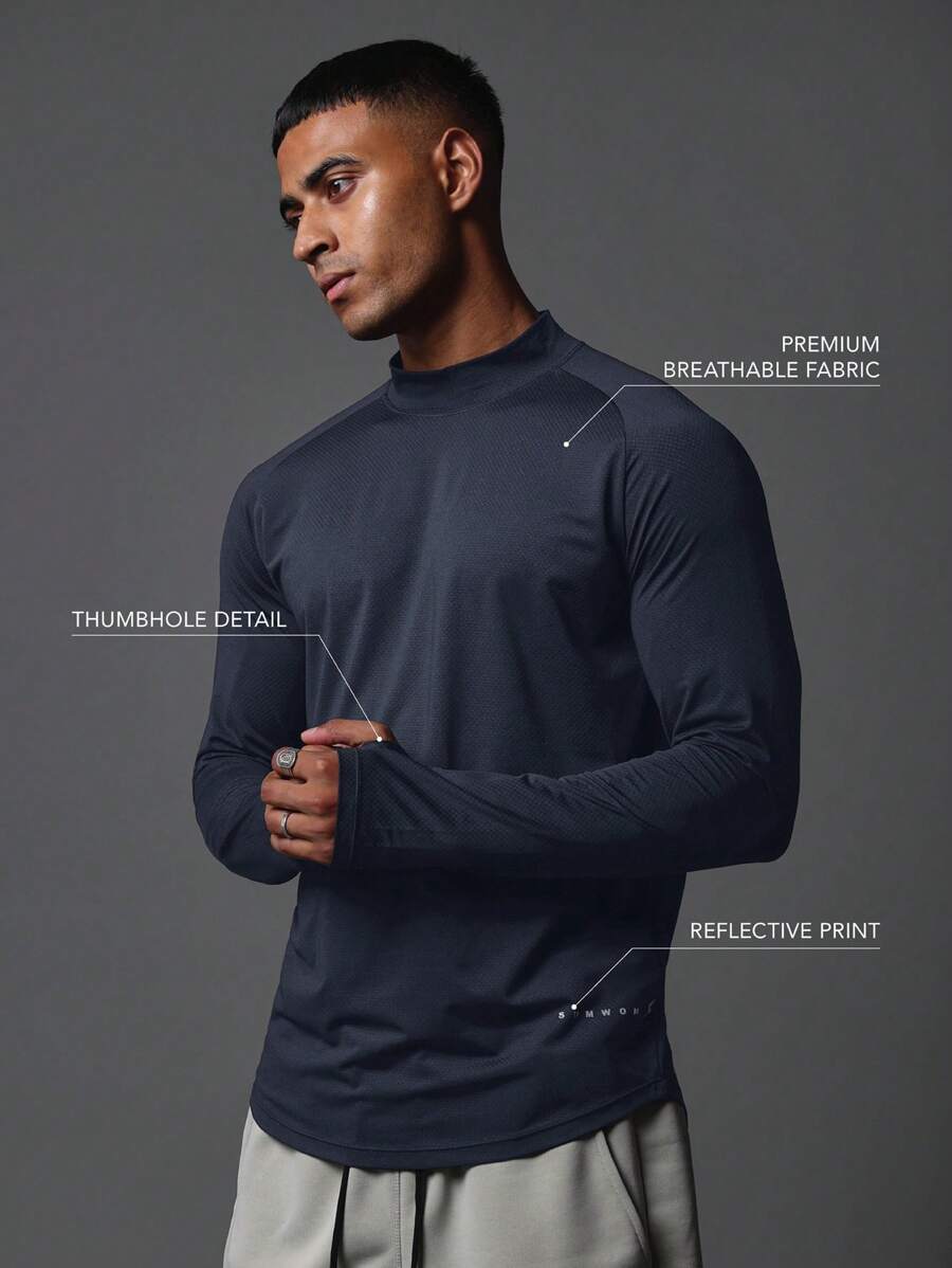SUMWON Athletic Performance Long Sleeve Mock Neck Training Top With Thumbholes, Moisture Wicking Compression Sport Base Layer For Running Gym Workout, Modern Fitness Athleisure Wear