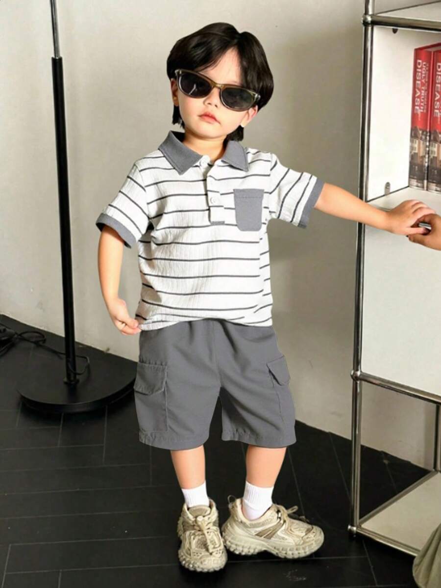 SHEIN 2pcs/Set Young Boy Textured Stripe Polo Collar Outfit - T-Shirt And Pants, Summer
