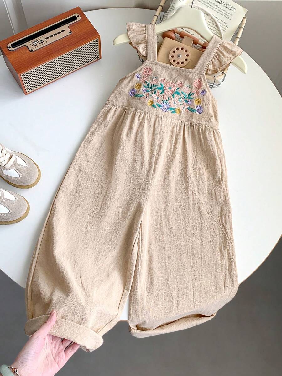 SHEIN LMoss Kids LMoss Kleine Mädchen Einfarben gewebter ärmelloser Jumpsuit mit Stickerei, lässiger weiter Schnitt mit Trägern