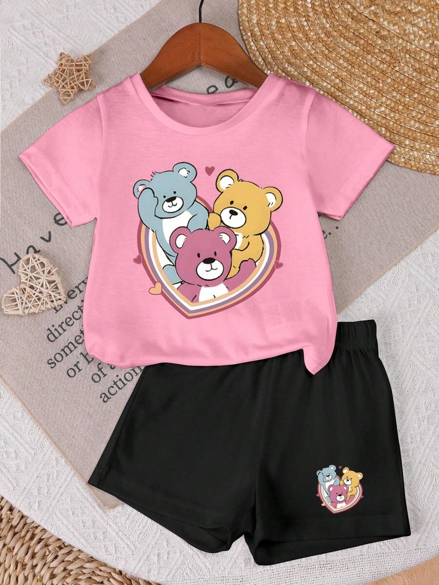 GraphicGems 2pcs/Set Baby Girls Cute Cartoon Bear & Heart Pattern Girls Casual Comfy Round Neck Short Sleeve Top And Shorts Set, Summer Holiday