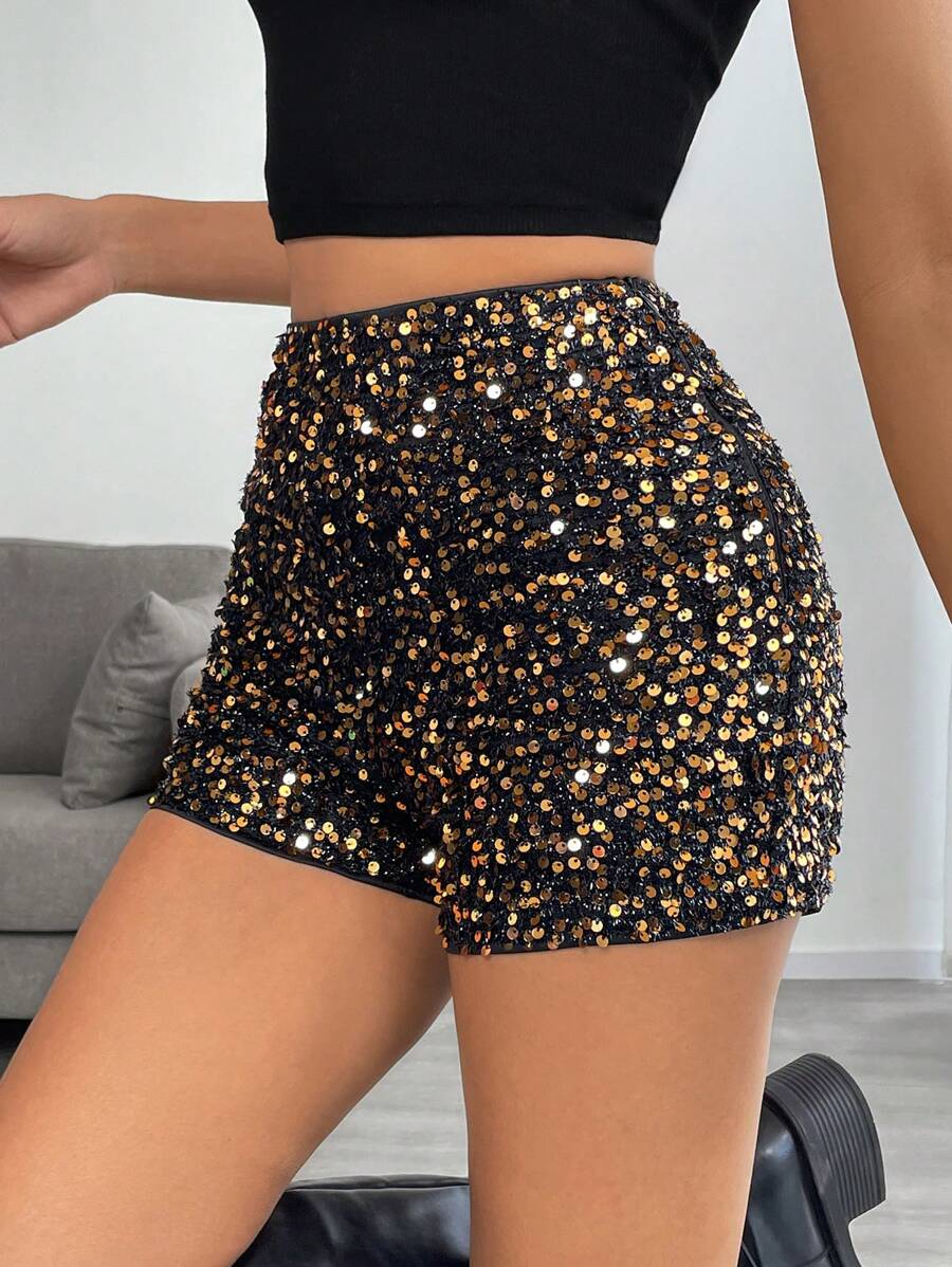 SHEIN EZwear Short de talle alto ajustado de tela brillante con lentejuelas para mujer de talla grande, apto para fiestas, festivales de música, atuendos de conciertos, con forro, otoño/invierno