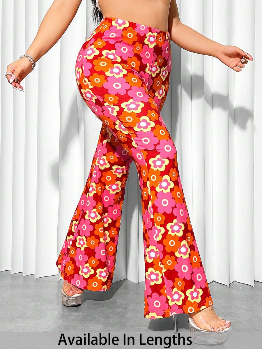 SHEIN PETITE CURVE Pantaloni a zampa di elefante dalla vita alta, con fantasia floreale colorata, effetto snellente, adatti per le vacanze estive, di taglia comoda