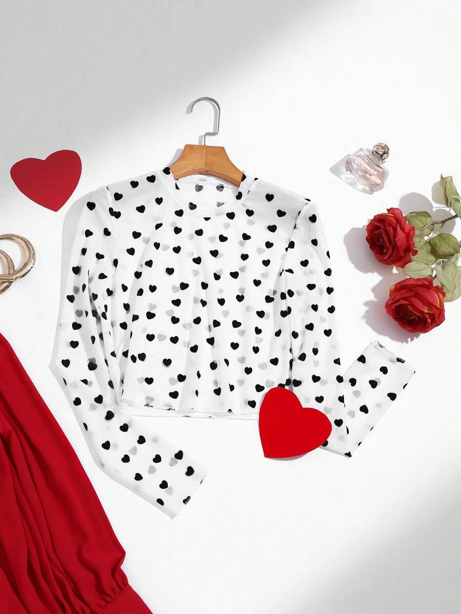 SHEIN Clasi Commuter Simple Heart Print Mesh Women Top For Valentine's Day