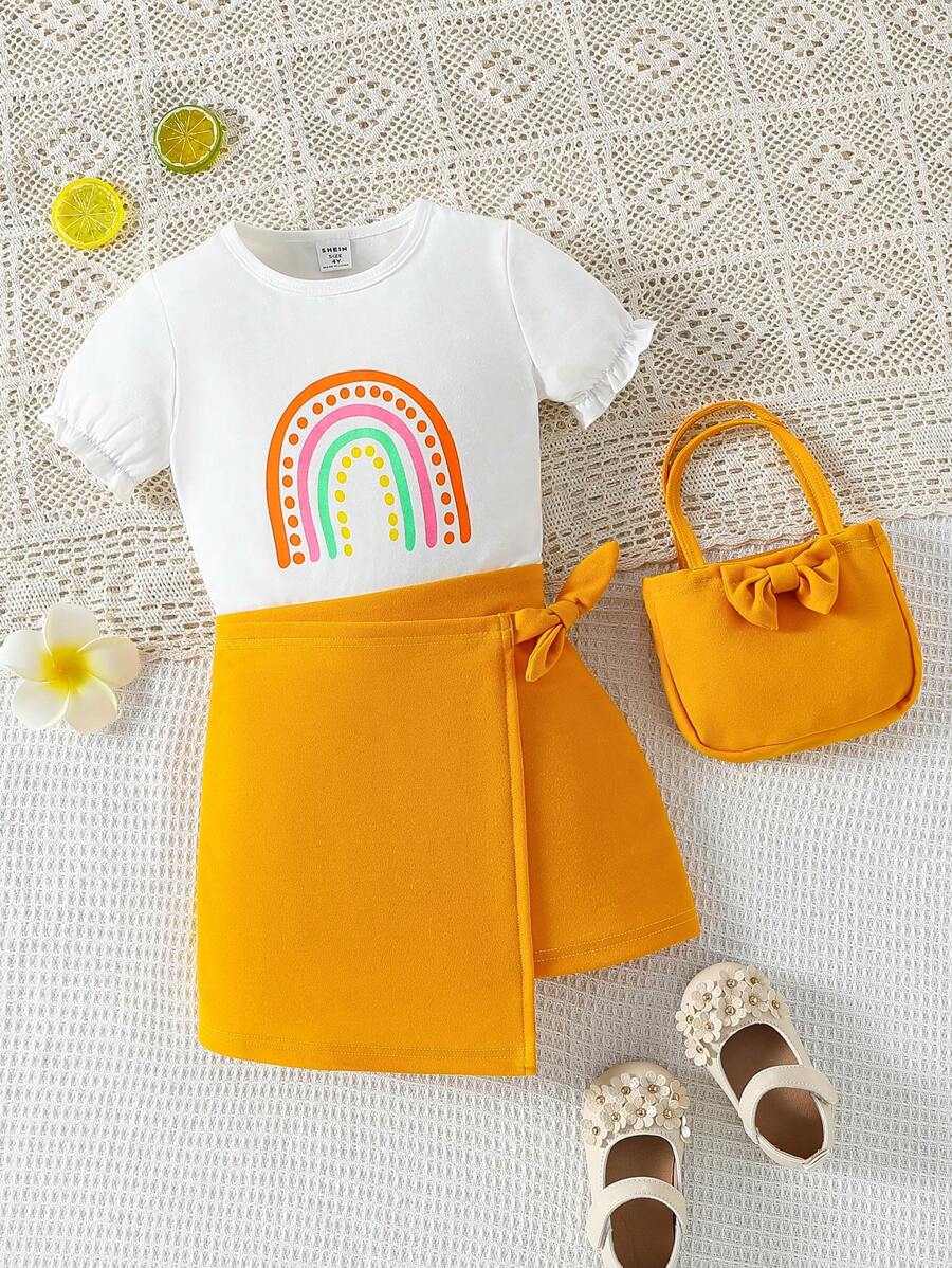 SHEIN 2 pièces/Set Top à manches courtes imprimé arc-en-ciel pour fille avec jupe portefeuille à taille nouée + sac
