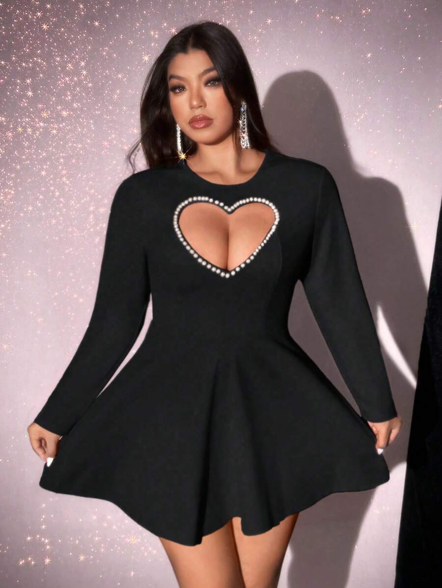 Viva Relle Plus Size Women Heart Decor Solid Color Long Sleeve Casual Dress,Valentine