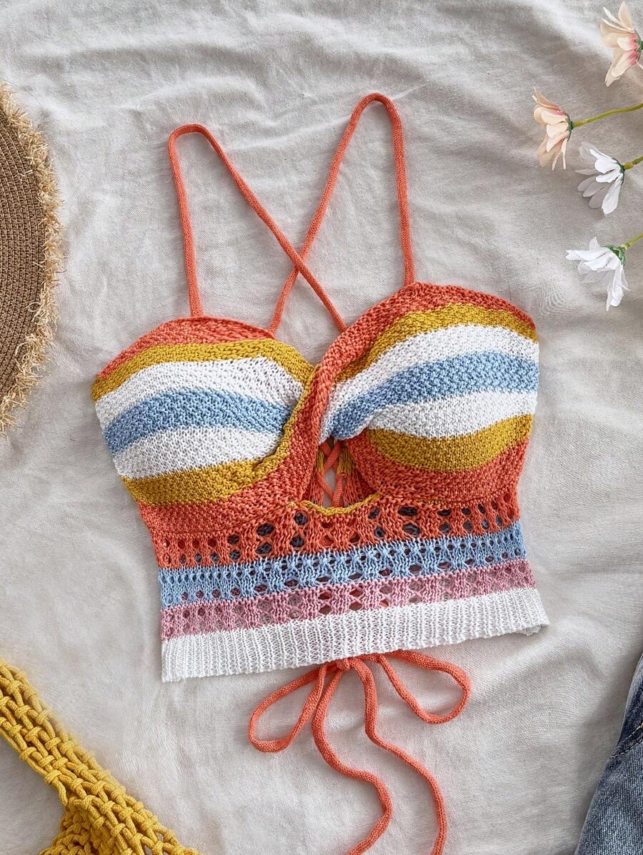 Soleia Débardeur tricoté ajouré rayé coloré pour femmes pour les vacances