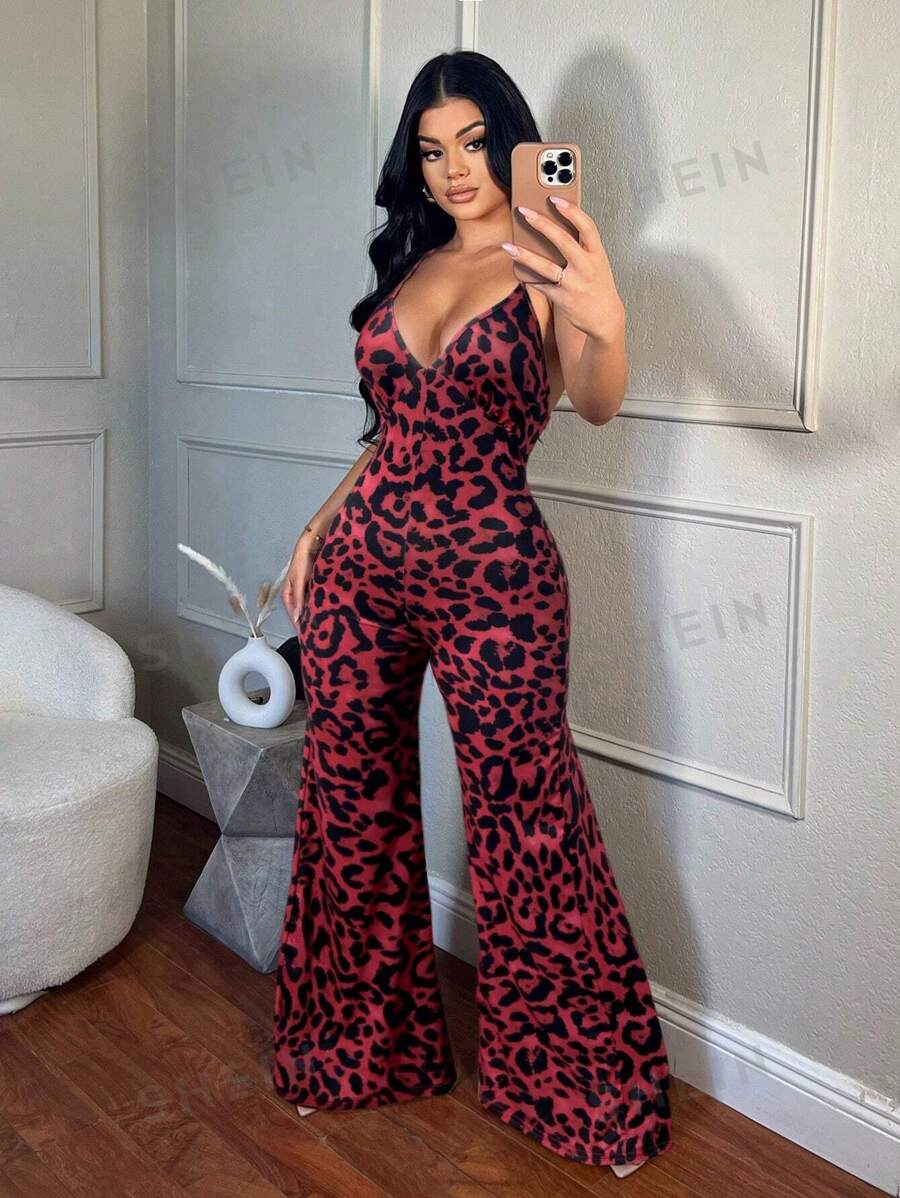SHEIN SXY Mono sexy para mujer con pierna acampanada y estampado de leopardo