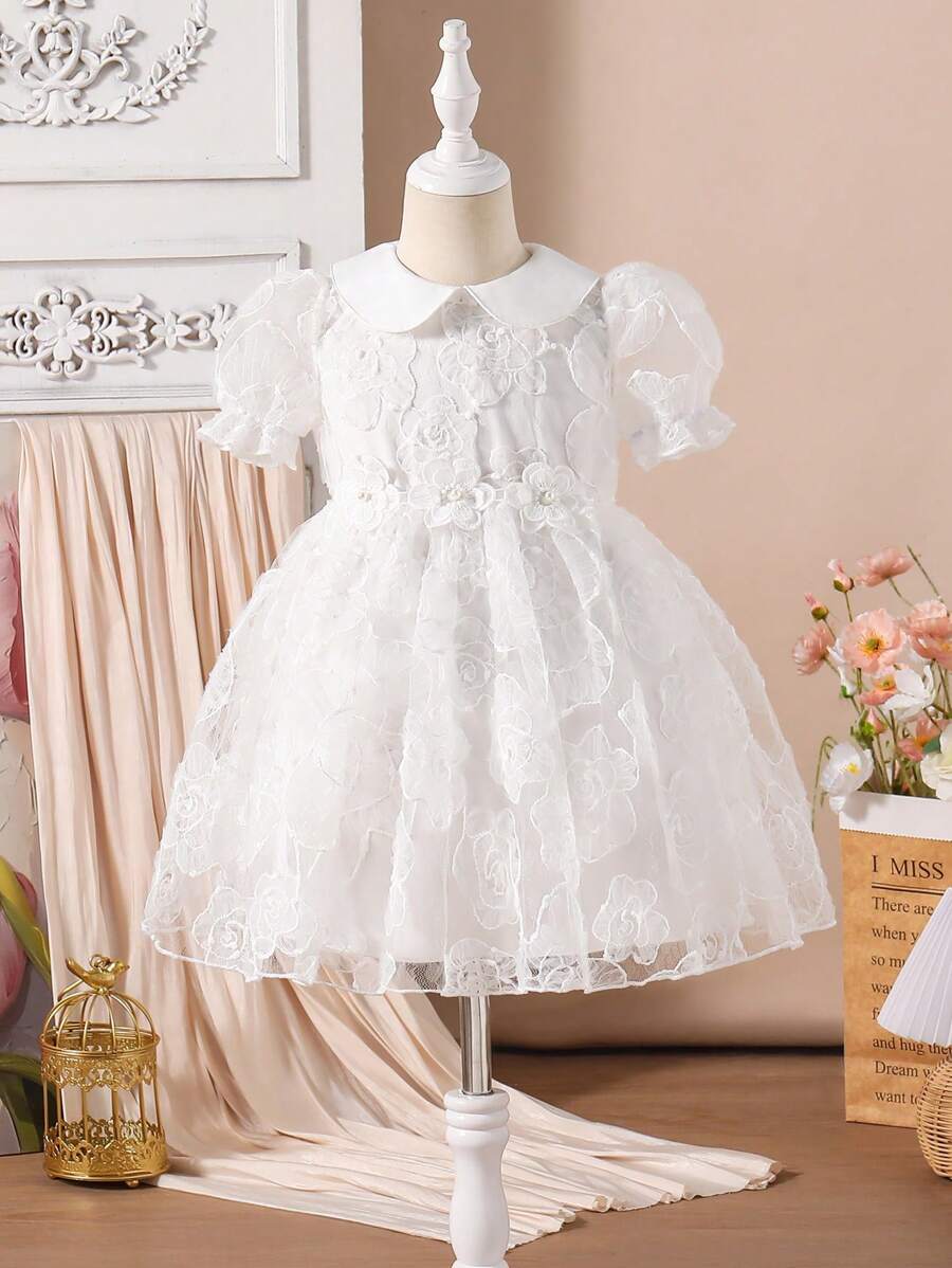 Young Girl Elegant Solid Color Floral Mesh Fluffy Dress