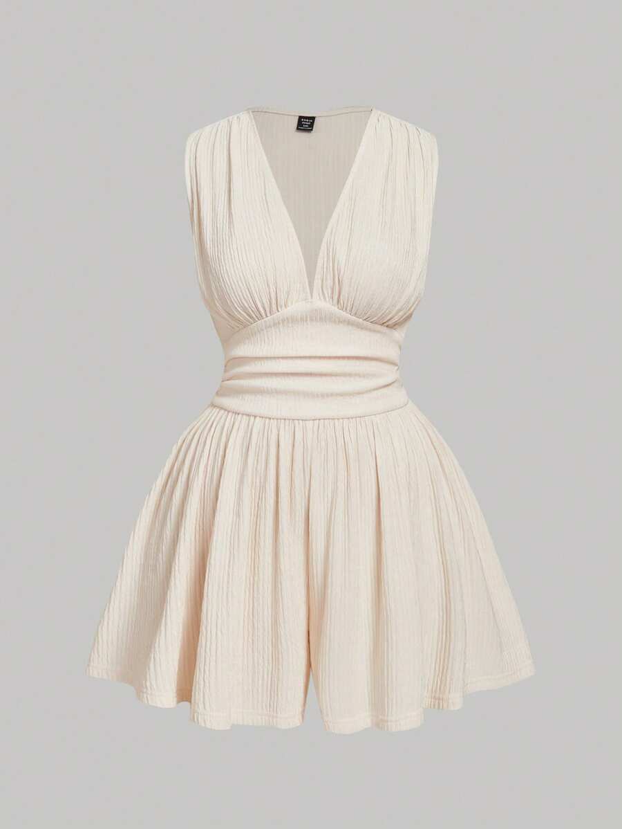 SHEIN MOD Mono de talla grande para mujer con cuello en V y cintura entallada, color albaricoque