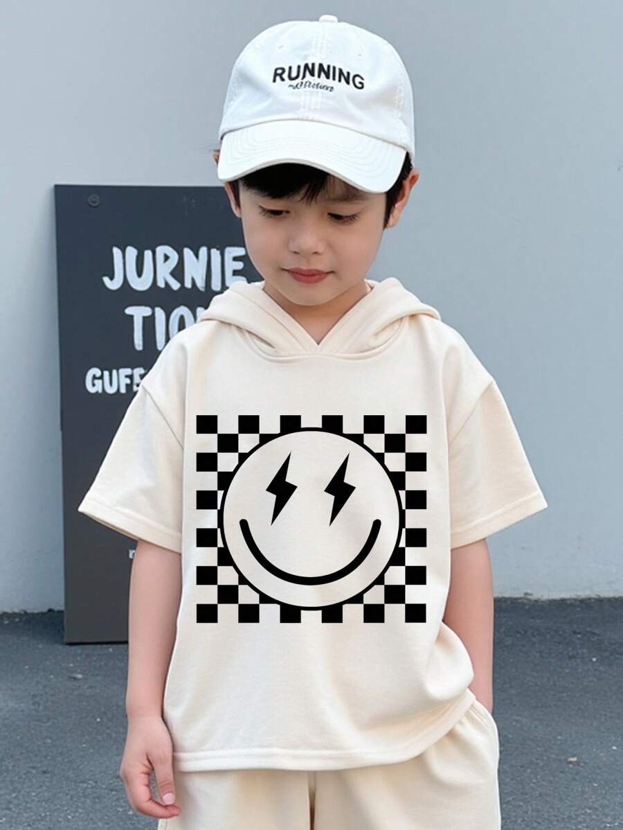 Young Boy Casual Minimalist Graphic Short Sleeve Hooded T-Shirt, Suitable For Summer