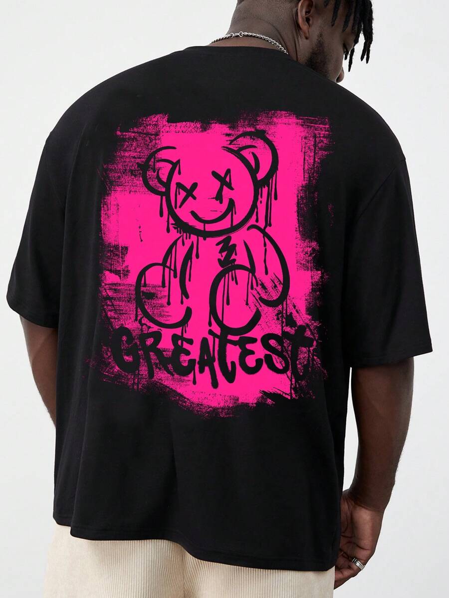 Manfinity EMRG Plus Size Men's Plus Size Black T-Shirt With Bear & Graffiti Graphic, Casual Streetwear