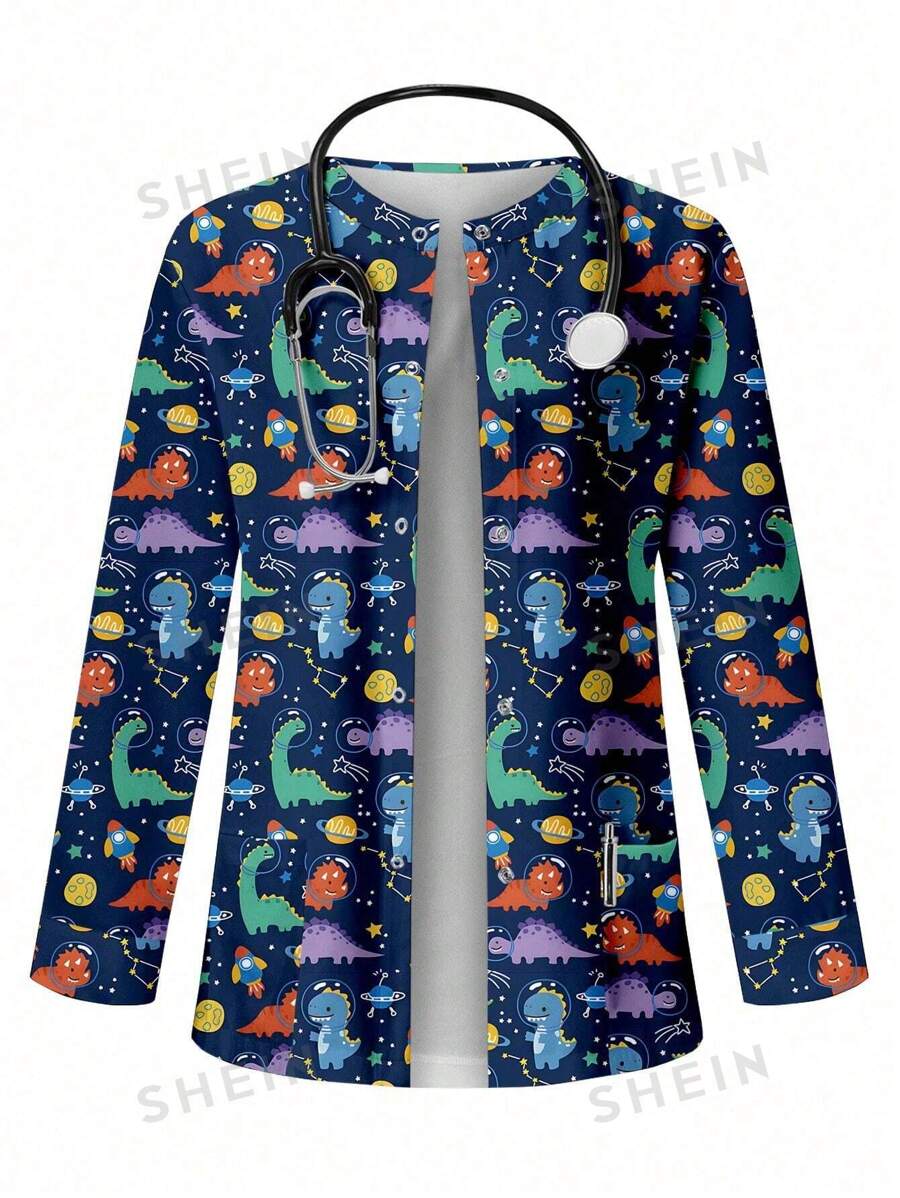 PopScrub Chaqueta de uniforme tipo bata de trabajo con estampado total, mangas largas, ajustada y con pinza para credencial, para mujeres