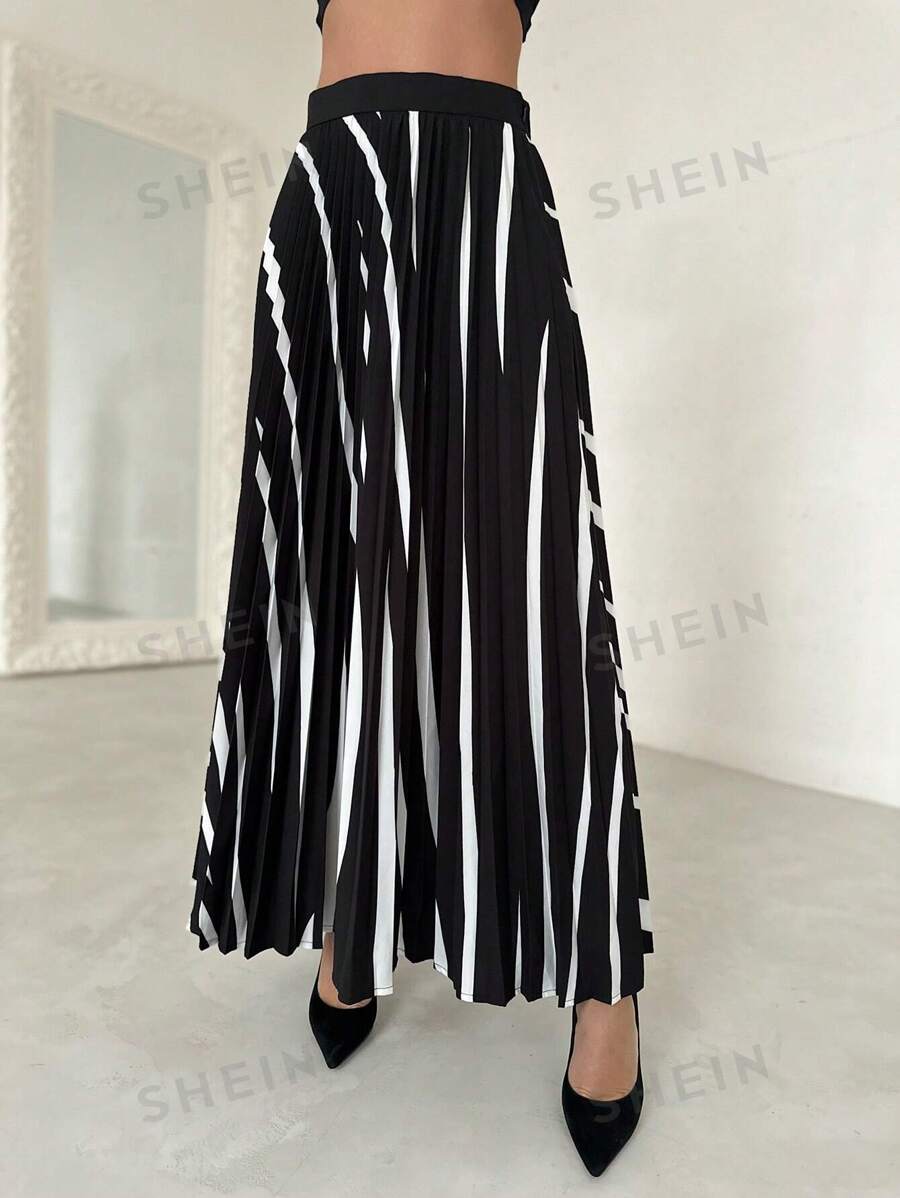 SHEIN Privé Falda larga plisada de línea A con patrón blanco y negro, elegante para el uso diario, negocios, verano, festival de música, graduación, conmutación, vacaciones, fiesta de bienvenida, vacaciones de verano, elegante falda larga para ir al trabajo