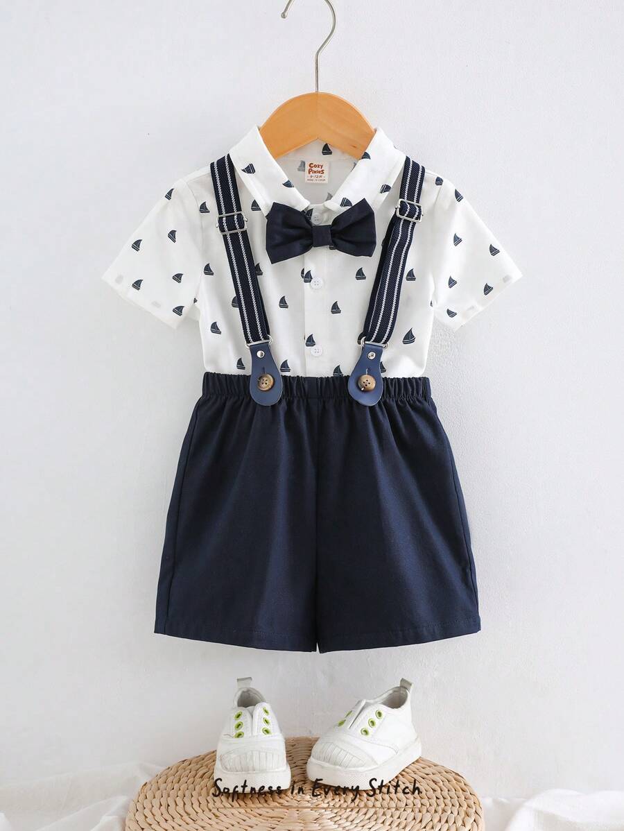 Cozy Pixies Set de 2 piezas para niño bebé que incluye corbata de moño, blusa de manga corta con cuello y pantalones cortos tipo babero. Adecuado para fiestas de cumpleaños, bautizos, 1er cumpleaños, galas, actuaciones, bodas, baby showers y otras ocasiones