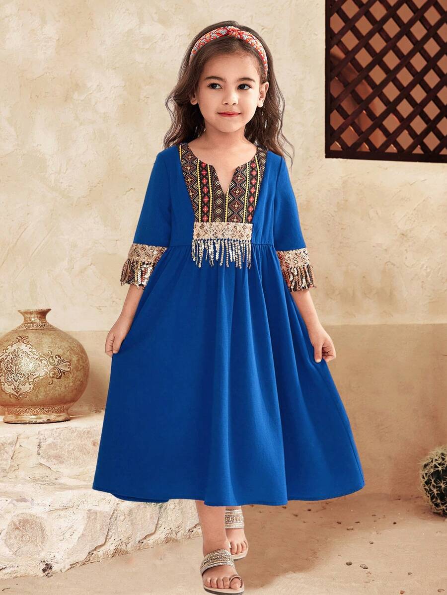 Vestido casual de vacaciones para niña con unicolor, estampado de flores diminutas y diseño de patchwork