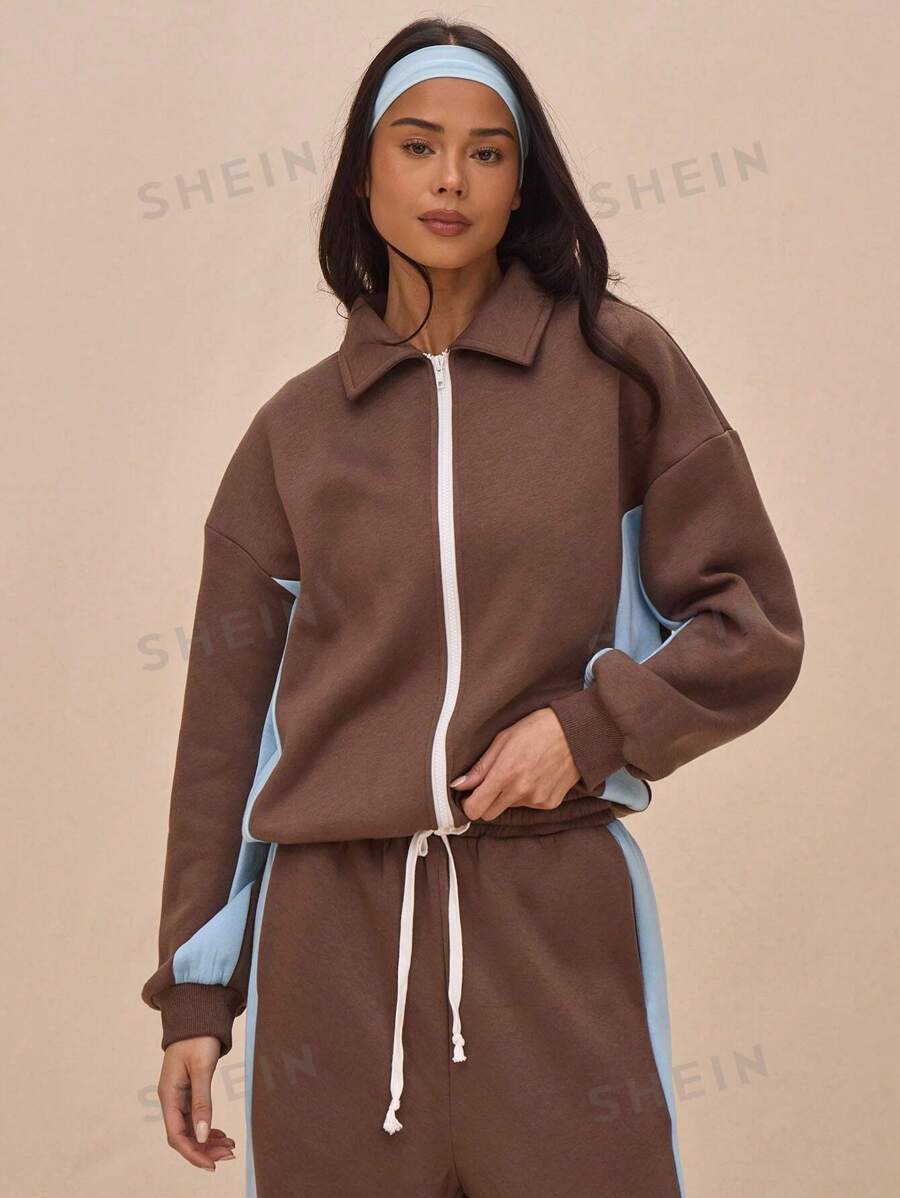 MUSERA Chaqueta de chándal con cremallera, cuello y paneles de contraste en talla grande, solo para primavera