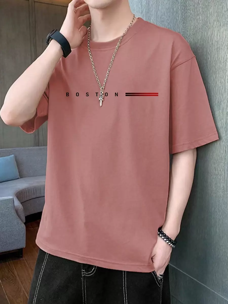 Manfinity Homme Men's Letter Print Round Neck Short Sleeve Casual T-Shirt T Shirt For Men T Shirt For Man