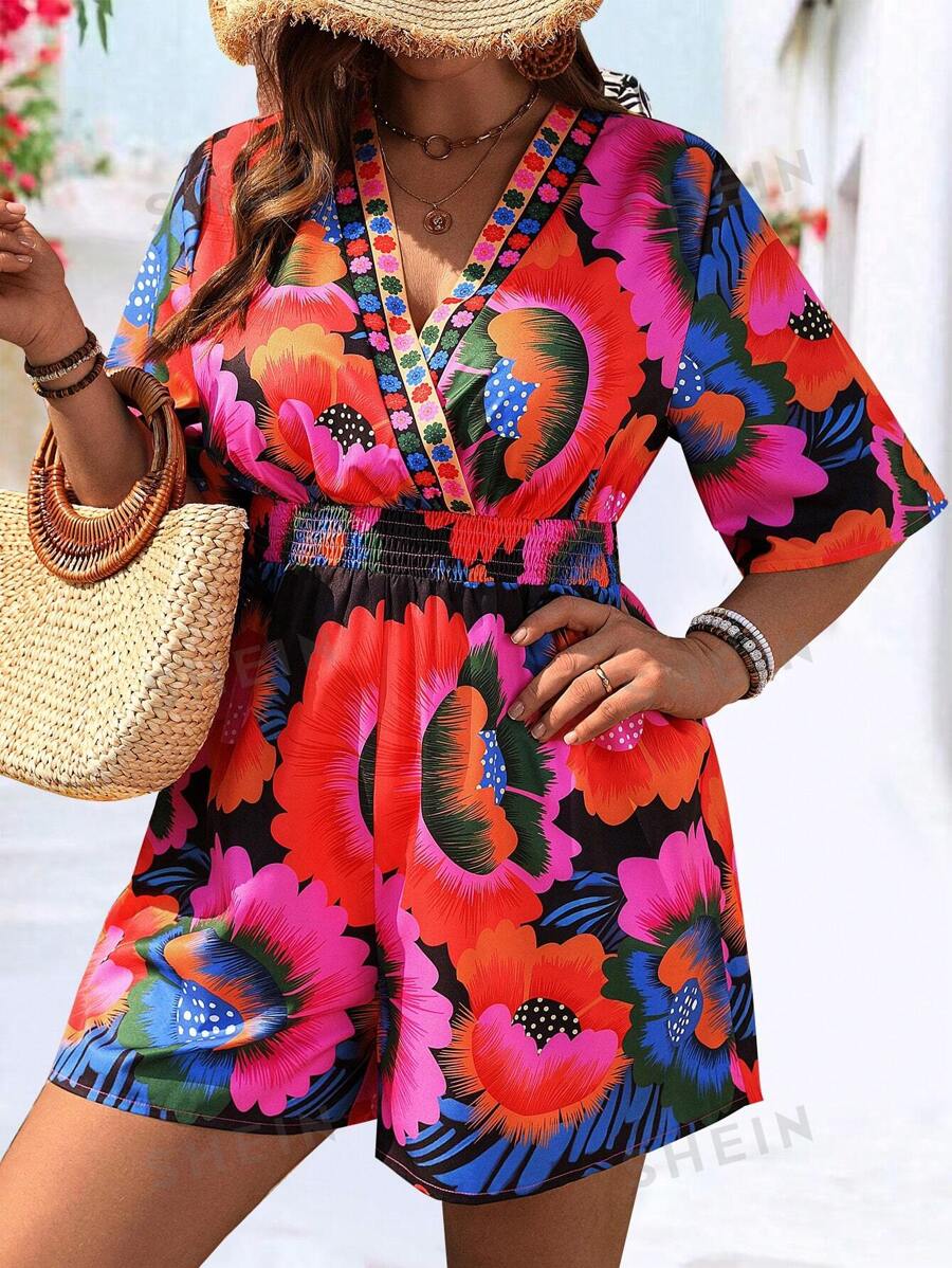 Breezaya Mono de cintura con estampado floral vintage y cuello en V, de moda para usar en primavera y verano de resort