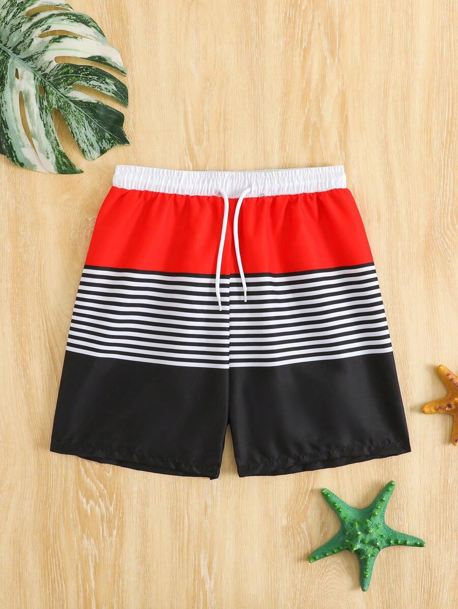 Tween Boy Stripe Patchwork Solid Colored Beach Shorts, Woven Fabric With Nylon Drawstring Waist