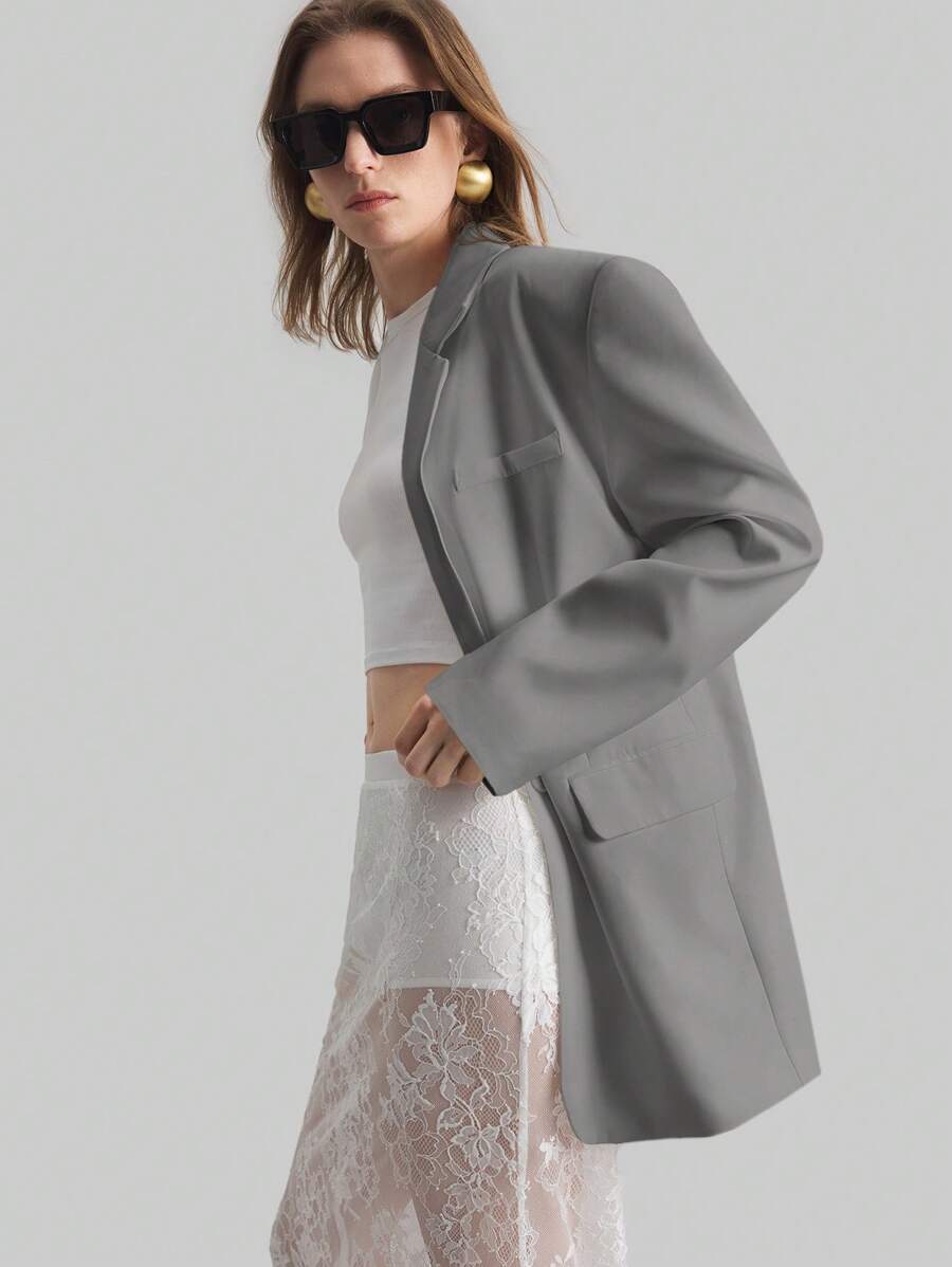 Ontre Women White Wide Strap Oversized Long Sleeve Single-Button Blazer Jacket, Casual Loose Fit, Elegant Style For Daily, Party, Date, Valentine's Day, Spring