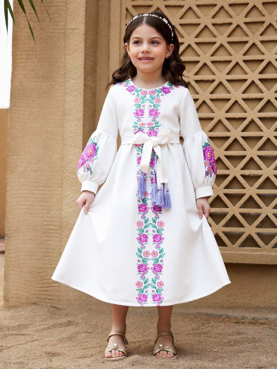 SHEIN Young Girl Abaya Kaftan Jalabiya Tunic, Indigenous Conservative Outfit, Rose Retro Print, Holiday Casual Fashion Waist Strap Tassel Pendant Dress