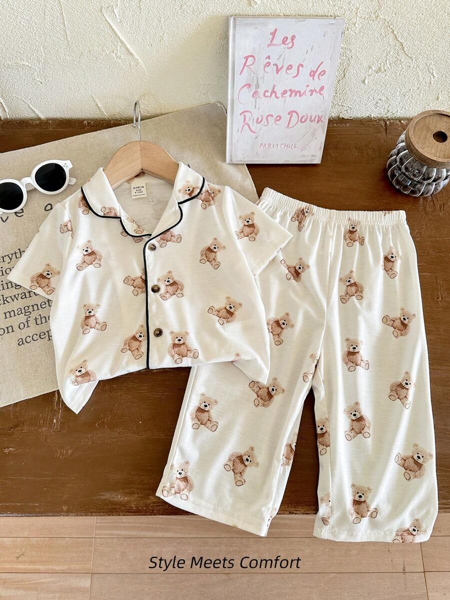 Schattig beerpatroon reversknoop zacht comfortabel nachtkleding 2-delige set (shirt + broek), babyjongen