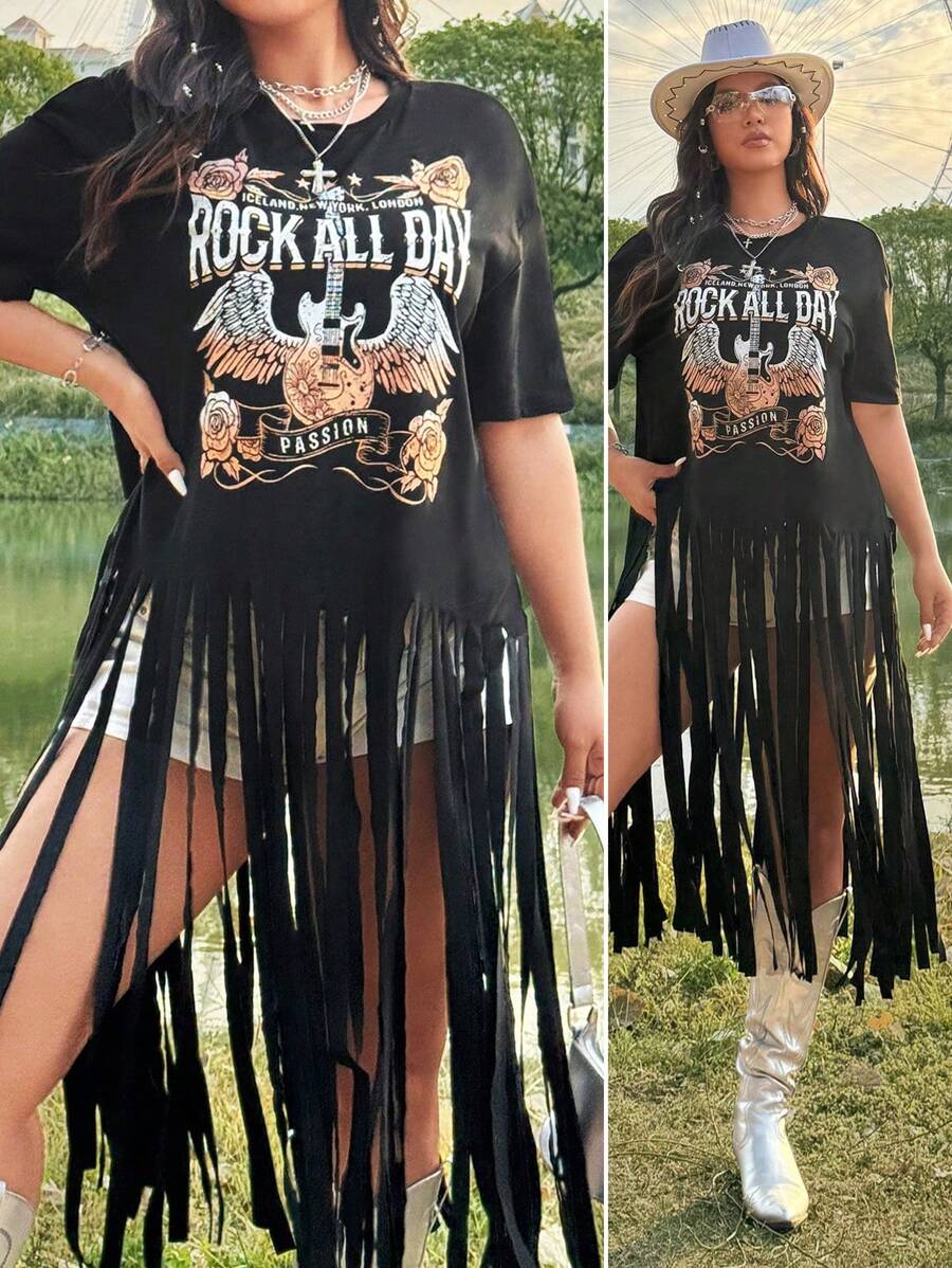 Flirla Festiwal, Boho, Hippie, Cowgirl, Old Money Style Damska letnia nowa jednokolorowa nadrukowana okrągły dekolt frędzlami na dole krótki rękaw luźna koszulka