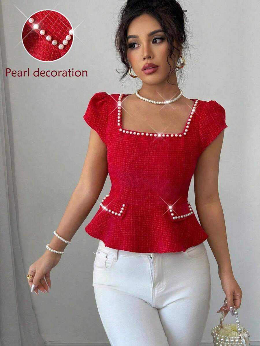 Elenzga Lente & Zomer Vakantie Bohemian Puff Mouw Vierkante Hals Getailleerde A-lijn Gebreide Riem Dames Blouse