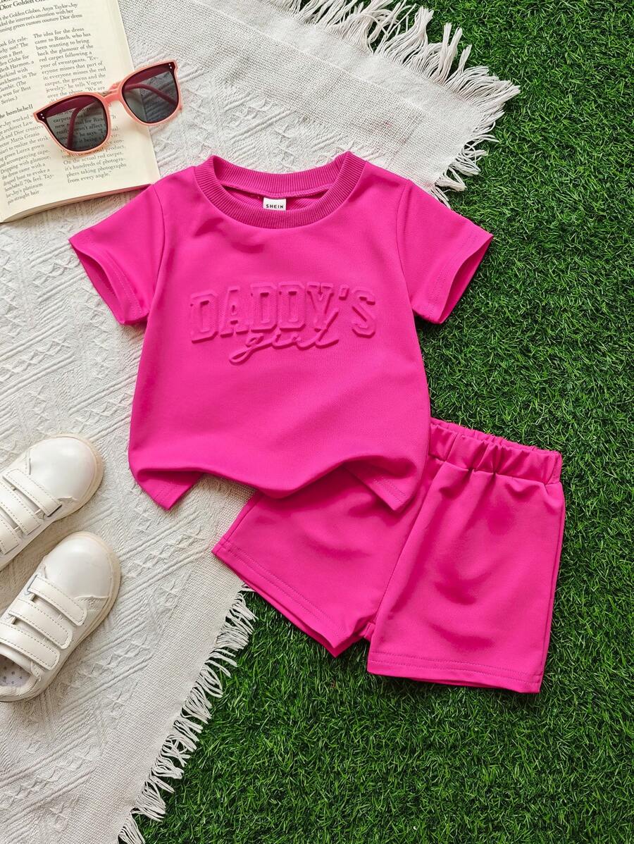 2pcs/Set Baby Girls "Daddy's Girl" Graphic Tee & Shorts Set, Classic Casual All-Match Outfit, Suitable For Spring/Summer
