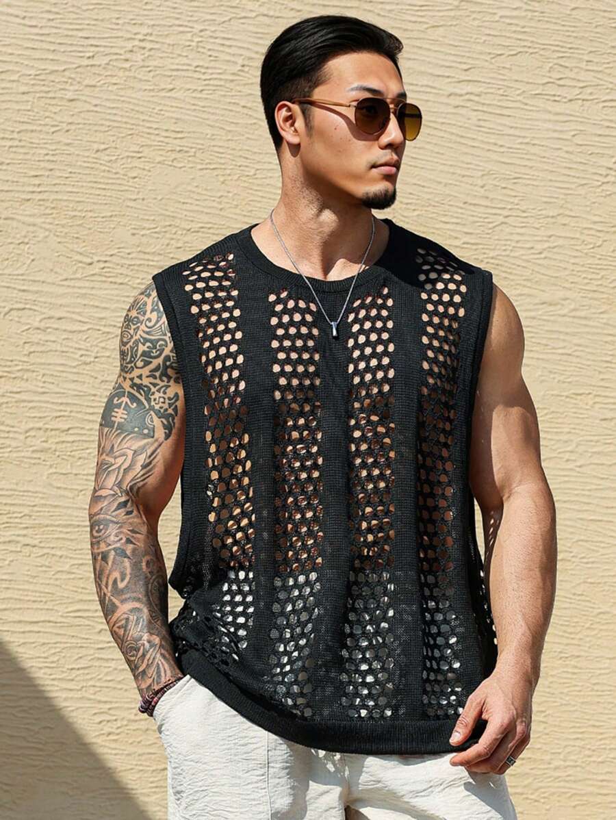 Manfinity RSRT Pull sans manche casual pour homme en grande taille, col rond, unicolore et ajouré