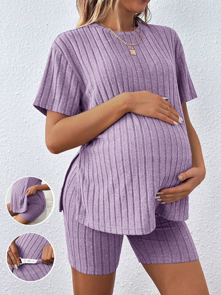 SHEIN Plus Size Women's Casual Loose Round Neck T-Shirt With Adjustable Elastic Waist Shorts, 2 Pieces Maternity Set