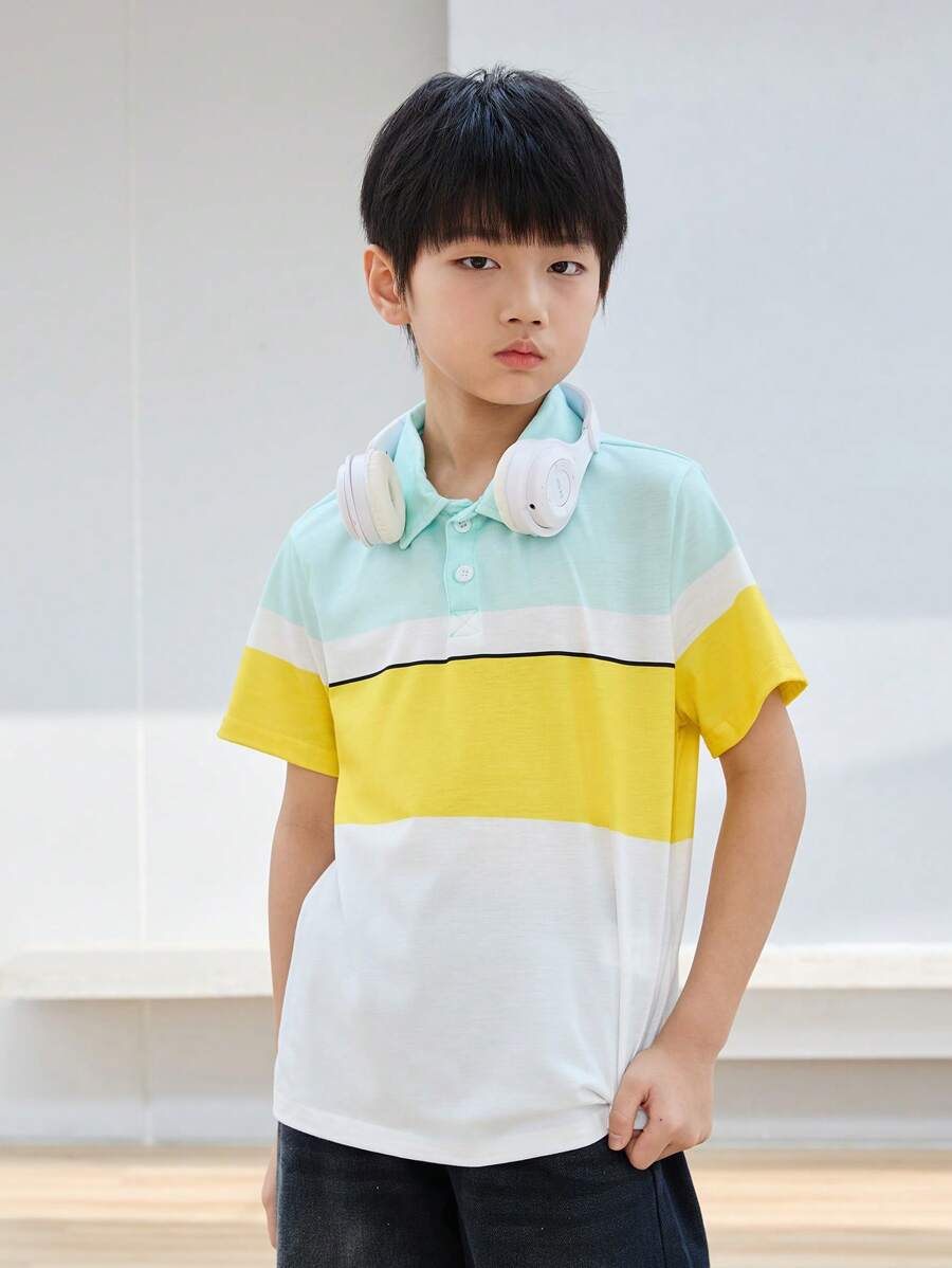 SHEIN Tween Boys' Loose Fit Casual Two Tone Stripe Polo Shirt With Turn-Down Collar Short Sleeve