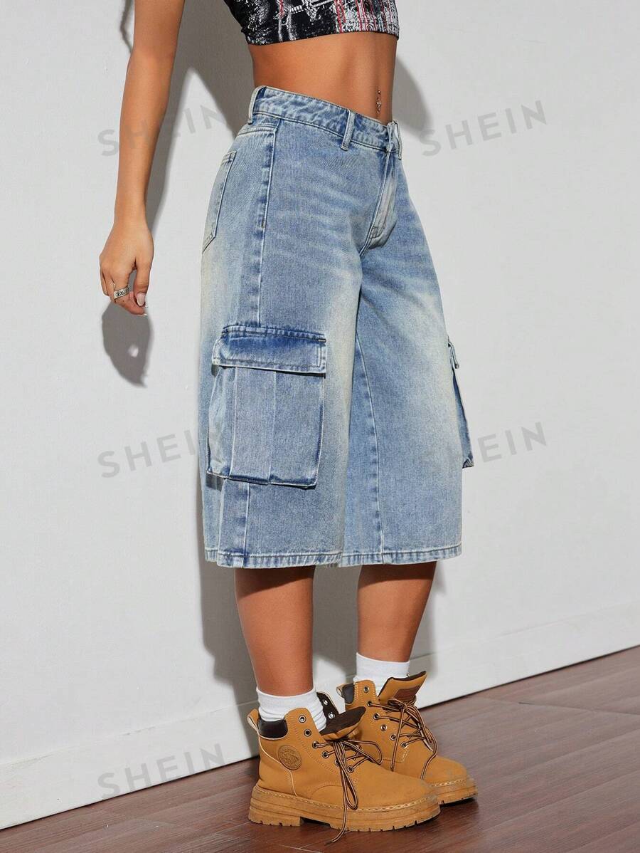 SHEIN ICON Pantalones capri de mezclilla de talle bajo hasta la rodilla para mujeres