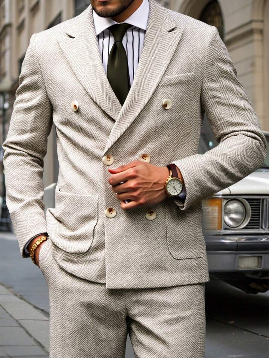 Manfinity Mode Conjunto de traje de moda Manfinity: Chaqueta y pantalones, moda minimalista, uso diario casual, regalos para el novio