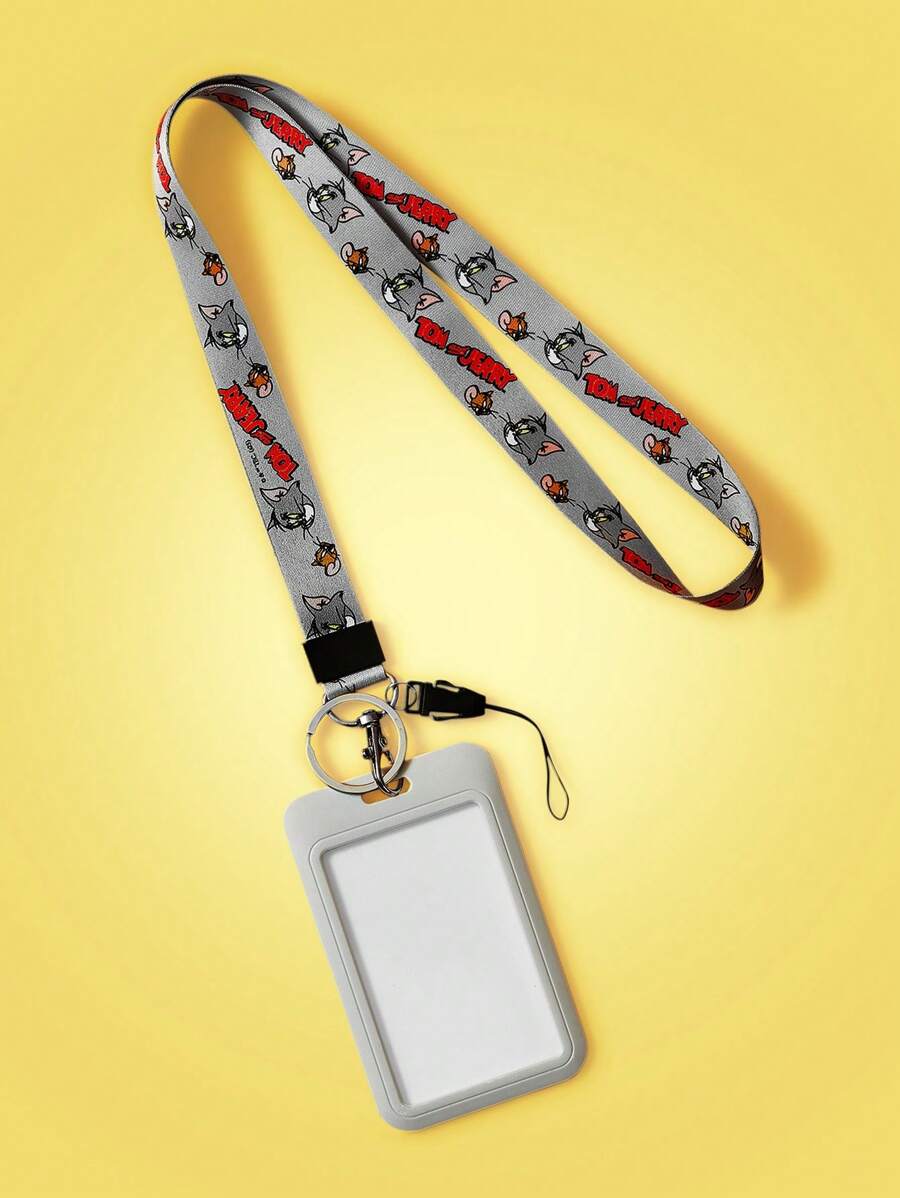 TOM & JERRY X SHEIN Gray Background Cartoon Character & Red Letter Print Lanyard Card Holder