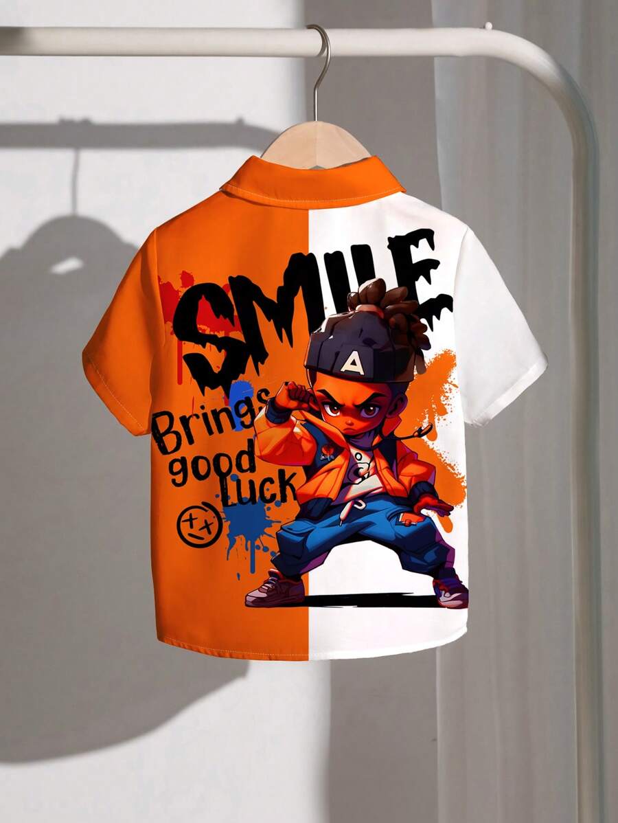 SHEIN Boys' Casual Stylish Cool Cartoon Character Printed Loose Comfortable Short Sleeve Shirt, Suitable For Spring/Summer