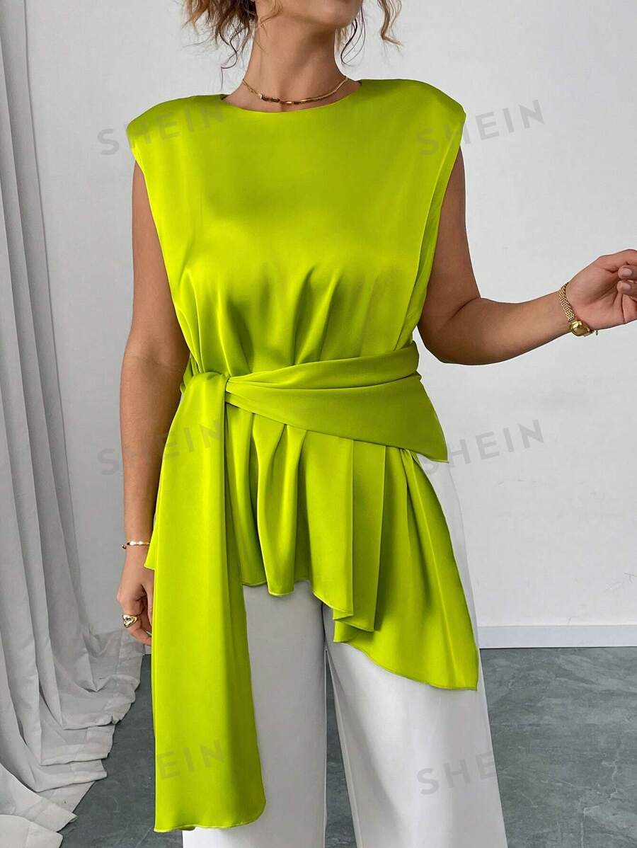Elenzga Blusa de moda de cuello redondo con nudo y bajo asimétrico en color verde neón para mujer de talla grande