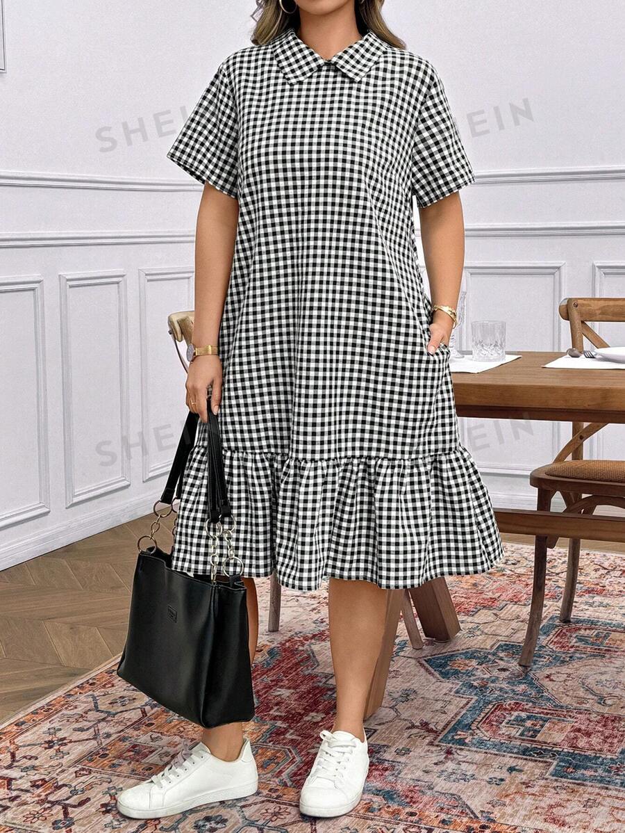 SHEIN LUNE Vestido casual de manga corta para mujer talla grande con cuello y volantes en el bajo a cuadros