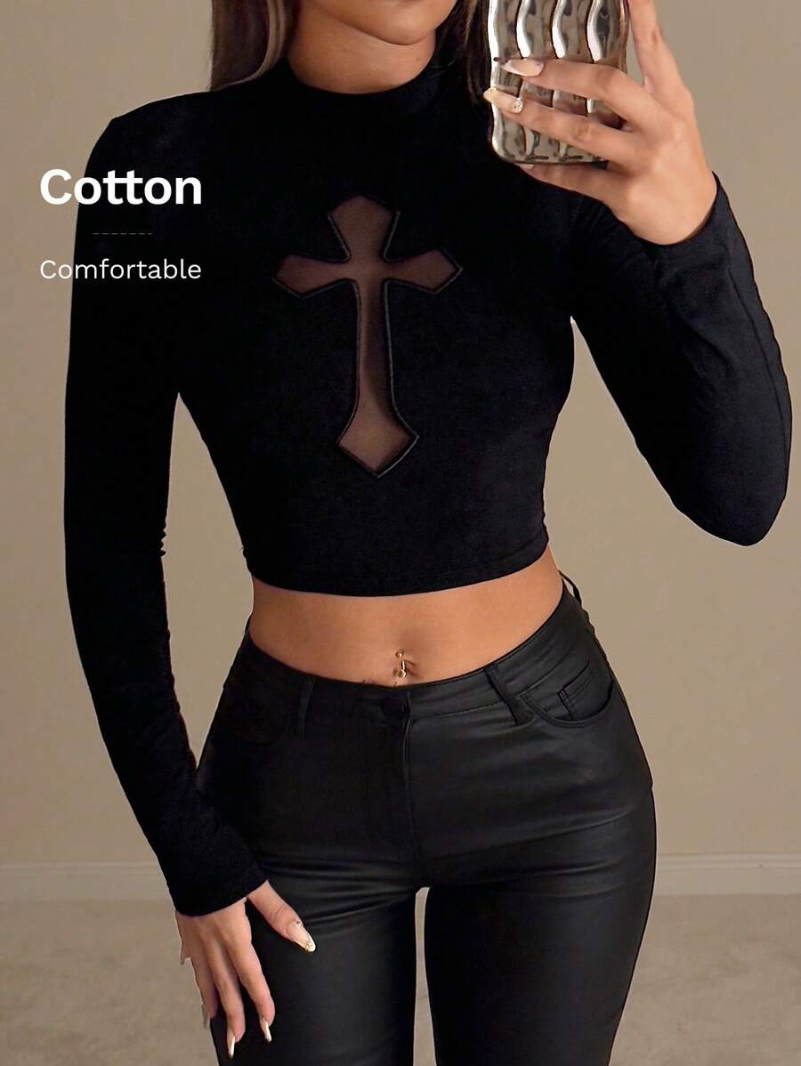 SHEIN ICON Rave Festival Outfits Women Shirts Women's Crew Neck Cross And Mesh Splice Long Sleeve Tight-Fit T-Shirt
