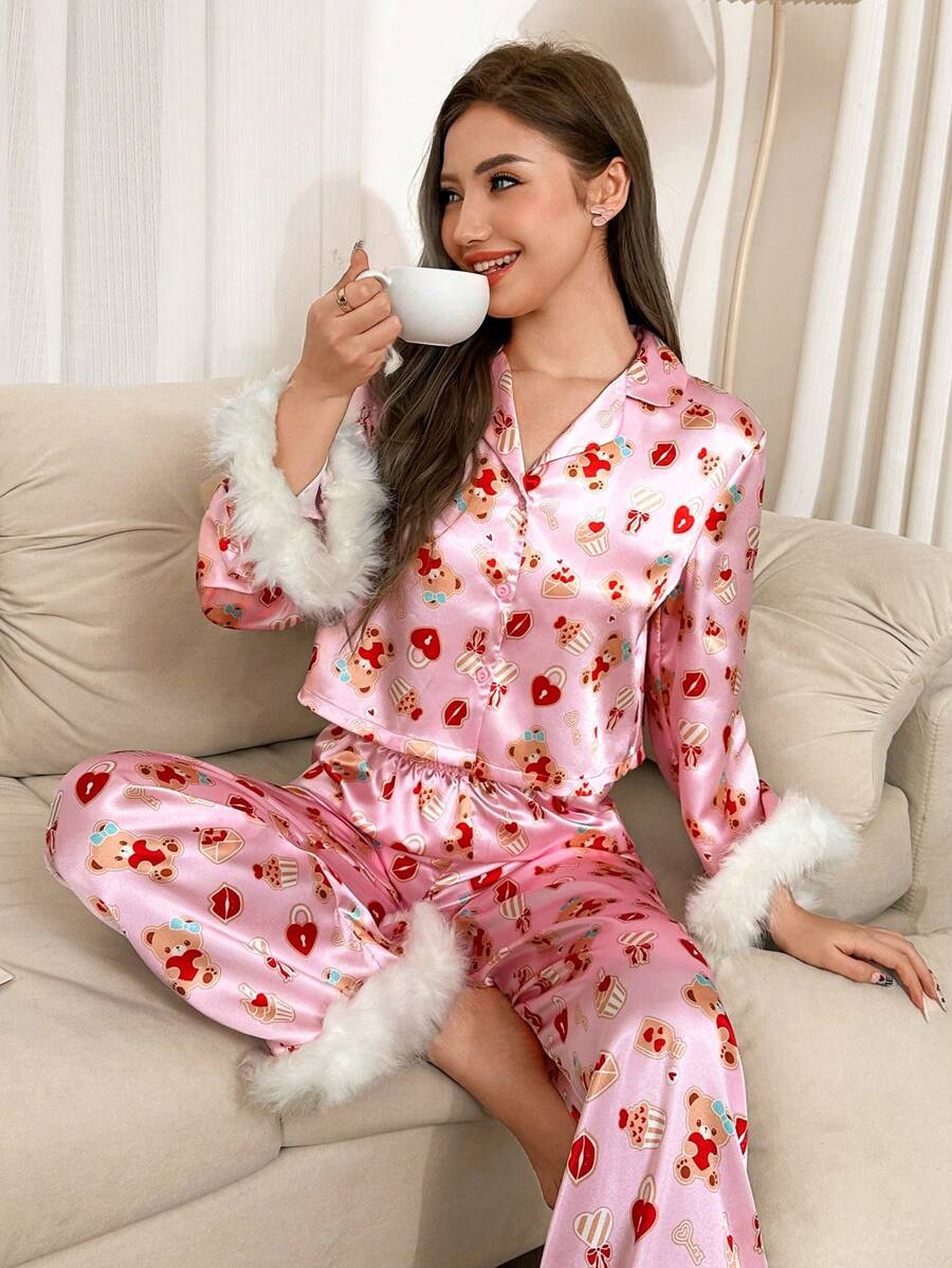 Dream Adore 2 piezas Pijama de mujer con estampado de oso de peluche y corazón lindo