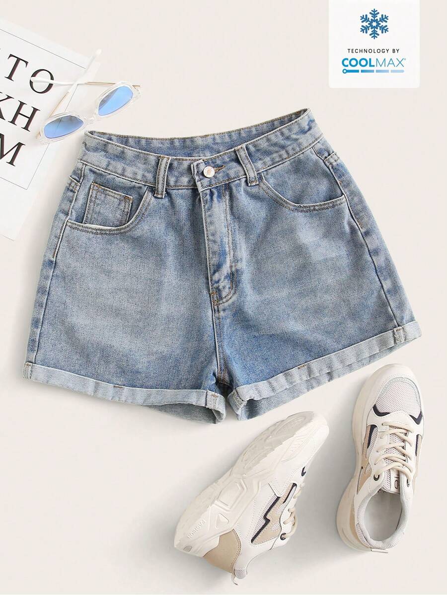 SHEIN EZwear Shorts vaqueros de cintura alta enrollados para el verano