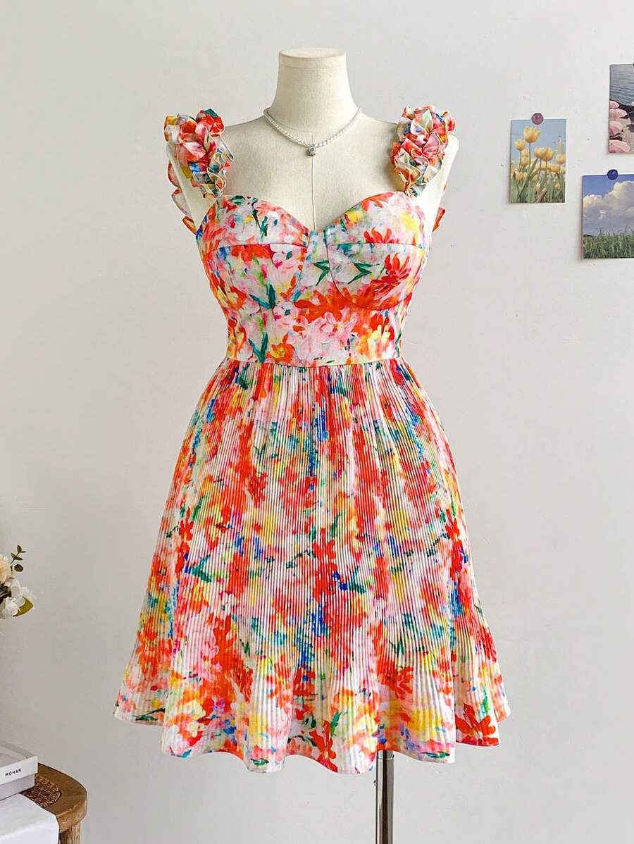 Soleia Robe d'été à imprimé floral plissée avec fronces à la taille pour femmes en grandes tailles, pour le printemps