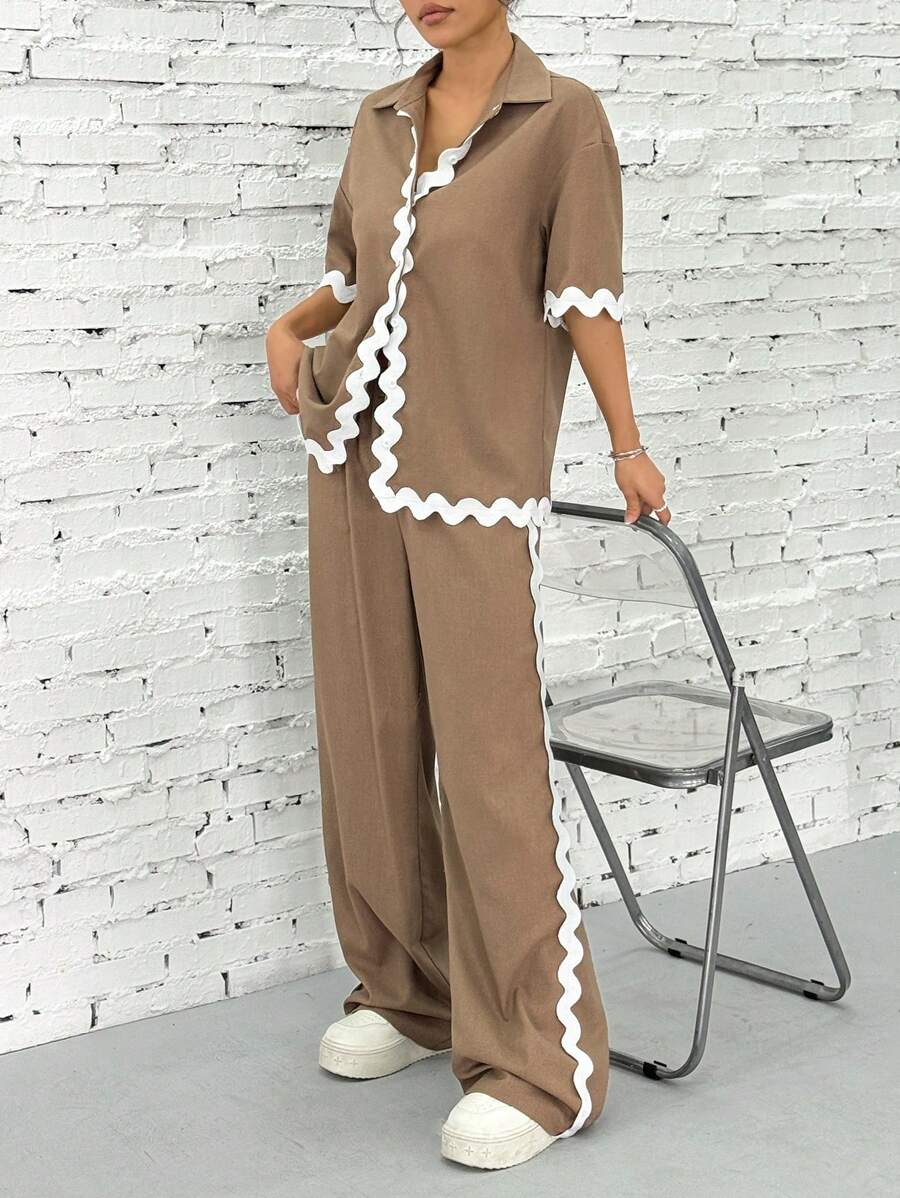 SHEIN EZwear 2pcs/Set Contrast Color Wave Trim Shirt & Pants,Old Money Simple Commute Minimalist Office Old Money Simple