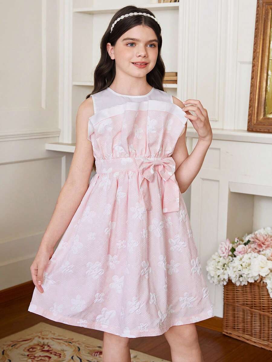 SHEIN DRMZ Tween Girl Tween Girl Plain Texture Fabric Splicing Satin Sleeveless Dress, 3D Design, Preintegrated