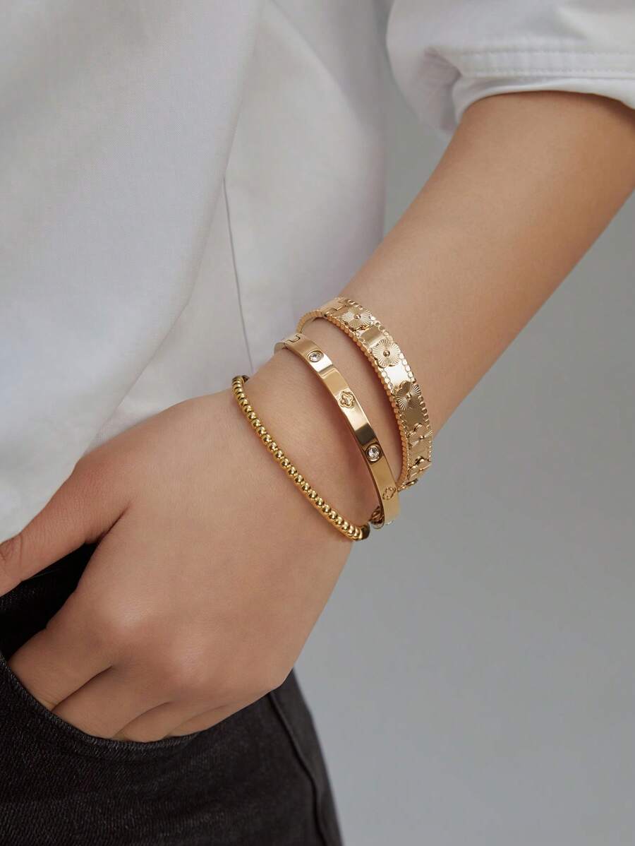 1pc Fashion 18K Gold Plated Stainless Steel Flower Bangle Bracelet For Women, European And American Style Party & Wedding Jewelry Gift Valentines