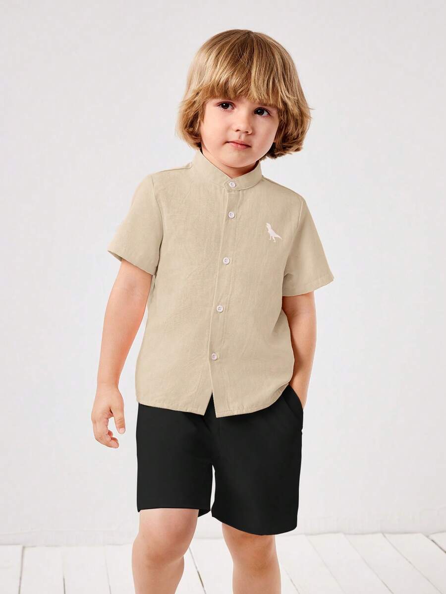 SHEIN Set de 2 piezas de camiseta de manga corta y pantalones cortos casuales con estampado de dinosaurio para niños
